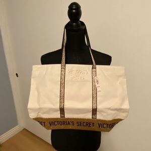 NWT - Victoria’s Secret Gold Trim Tote with Zipper